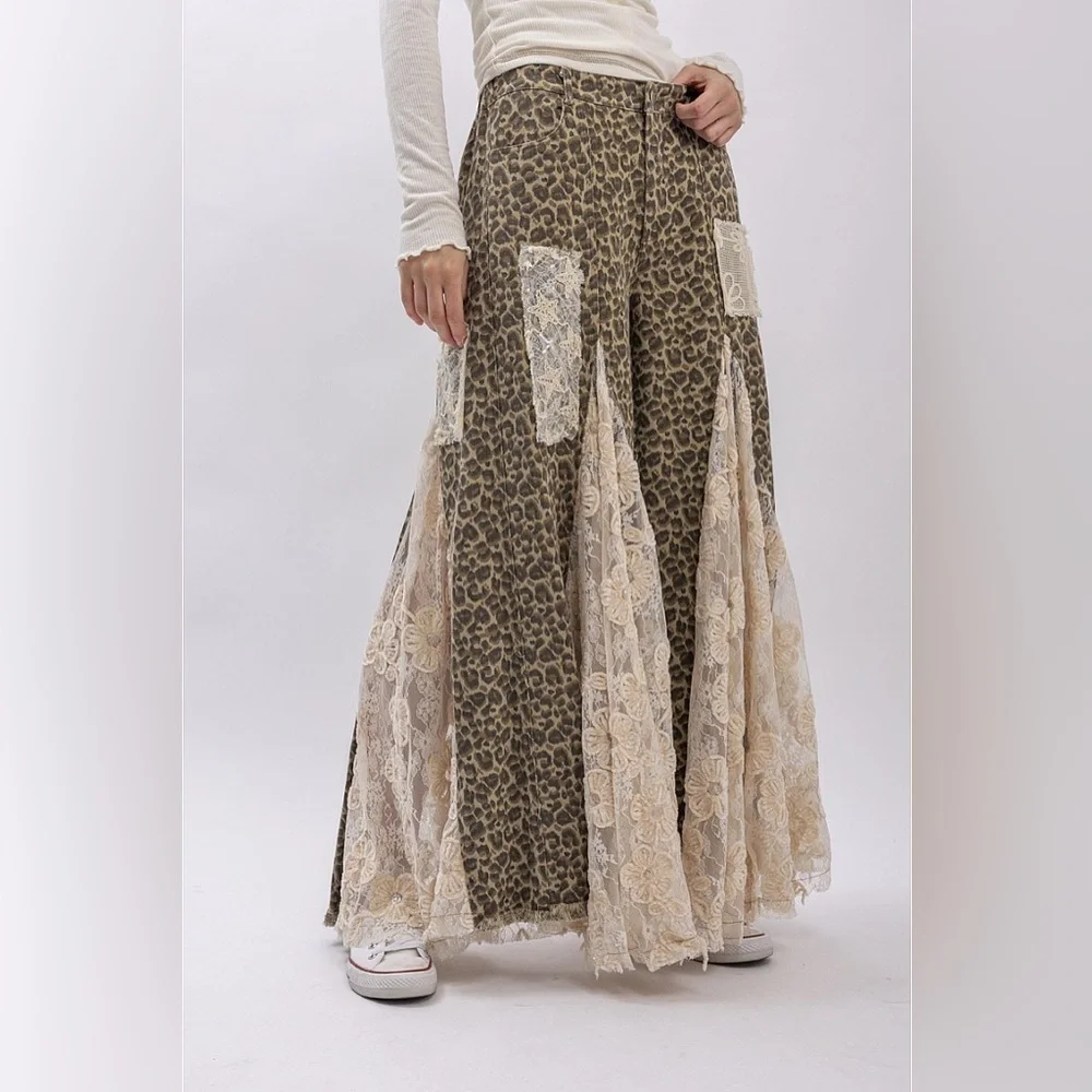 NWT Leopard Cheetah Animal Print Lace Panel Boho Wide Leg Patchwork Flare Pants - Picture 13 of 13